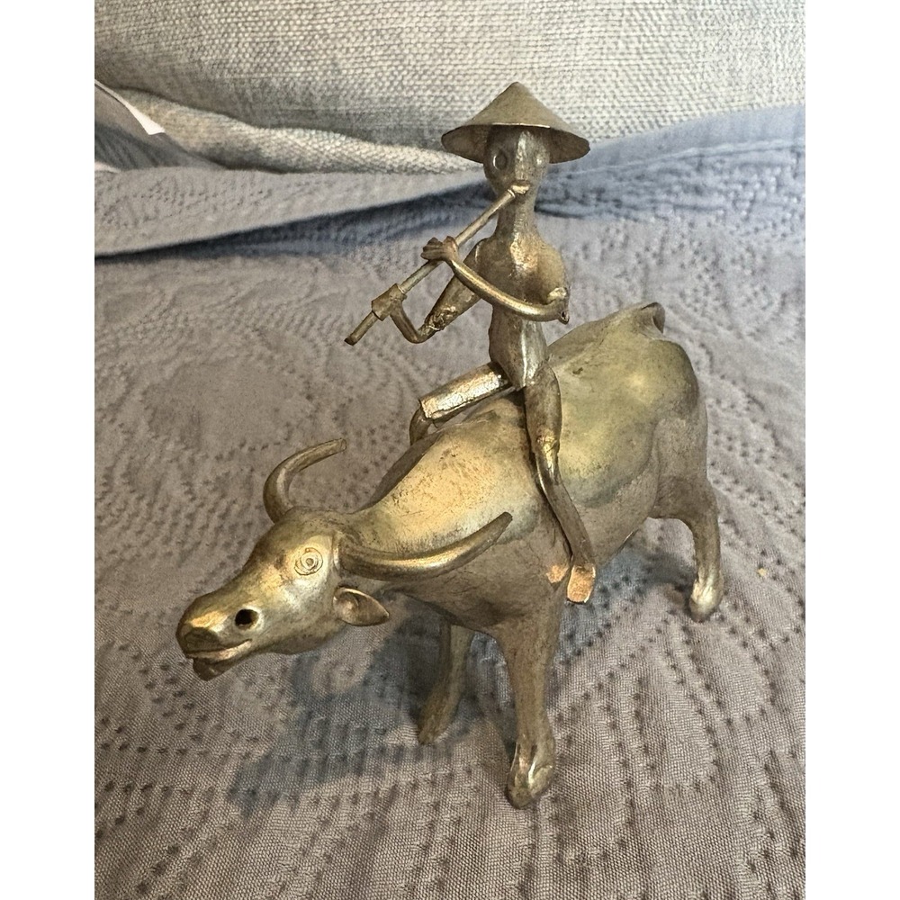 Silver Metal Chinese Boy with Flute Water Buffalo Cow  Weld Art